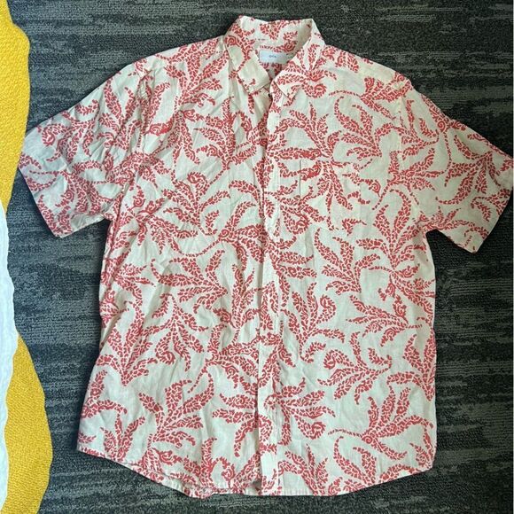 Onia linen button down short sleeves coral print shirt - Picture 1 of 9